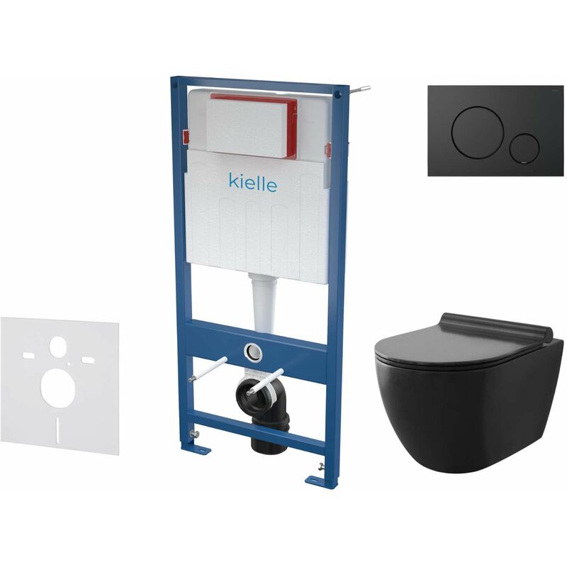 kielle Genesis - Set de bâti-support, cuvette Gaia, abattant softclose et plaque de déclenchement Gemini IV, noir mat 30505SS11