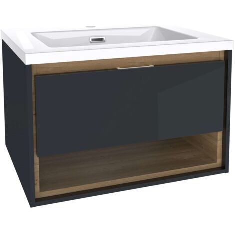 kielle Meara - Mobiletto con lavabo 60 cm, grigio scuro lucido/rovere scuro 50026S606