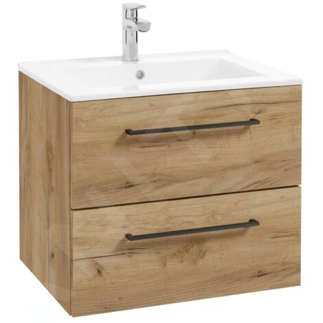 Kielle – Meuble lave-mains 60x46 cm avec lavabo céramique blanc – 2 tiroirs avec fermeture automatique – Chêne doré – 50018S61