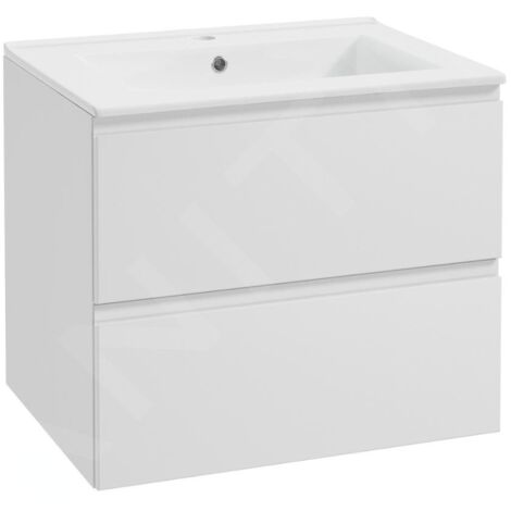 Kielle – Meuble avec vasque simple 60x46 cm – 2 tiroirs laqués blanc brillant – Système de trop-plein – Compatible robinetteries standard – 50002S60