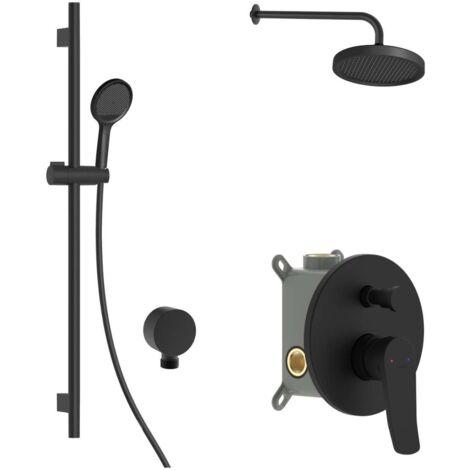 kielle Nefia - Set doccia con miscelatore da incasso, per 2 utenze, con accessori e corpo EcoSpare, nero opaco 20627SP94