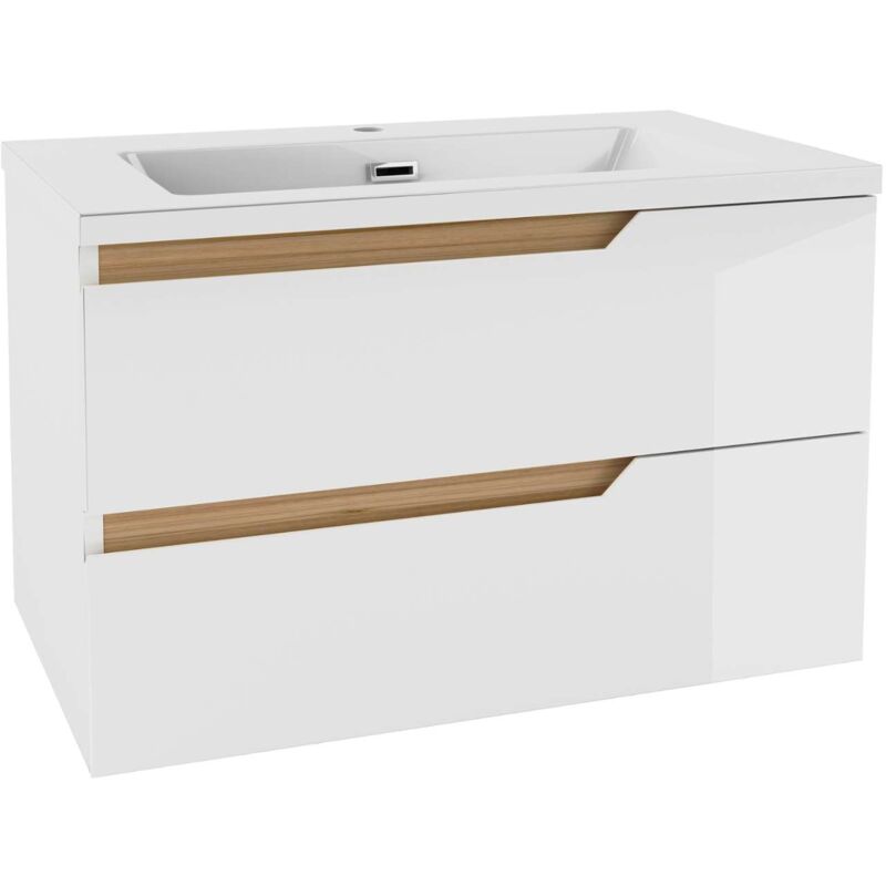 Kielle - Oudee - Meuble avec lavabo 80 cm, blanc brillant/chêne foncé 50002S810