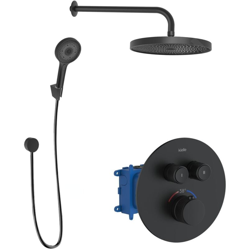 Kielle - Oudee - Set de douche avec mitigeur encastré, 2 sorties, avec accessoires et corps d'encastrement, noir mat 20602SPT24