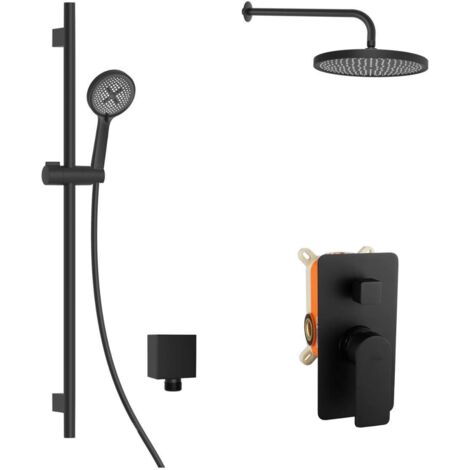 kielle Vega - Conjunto de ducha con mezclador empotrado, para 2 aparatos, con accesorios y cuerpo EcoSpare, negro mate 20618SP54