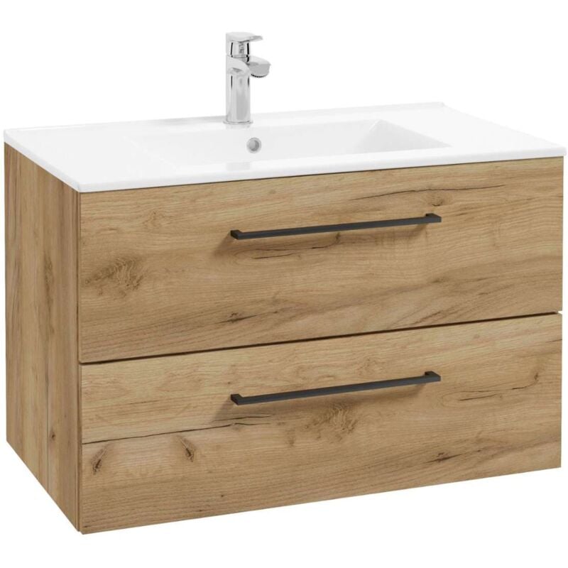 Kielle - Vega - Meuble avec lavabo, 80x50x46 cm, 2 tiroirs, chêne doré 50018S81