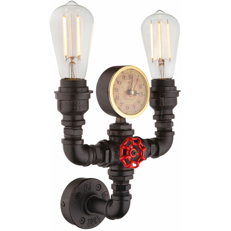 Image of Faretto da parete tubo dell'acqua luce orologio al quarzo retro lampada illuminazione 2 fiamme Globo 43000W2