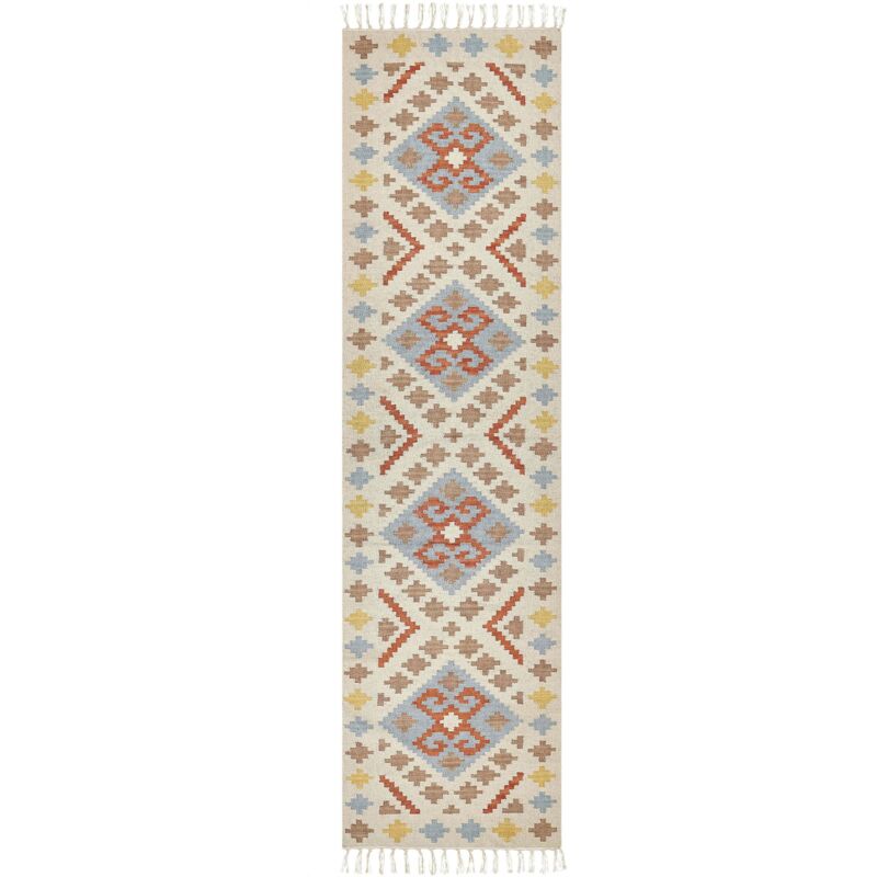 Beliani - Kilim Runner Rug Cotton Geometric Pattern Low Pile With Tassels 80 X 300 Cm Multicolour Atan
