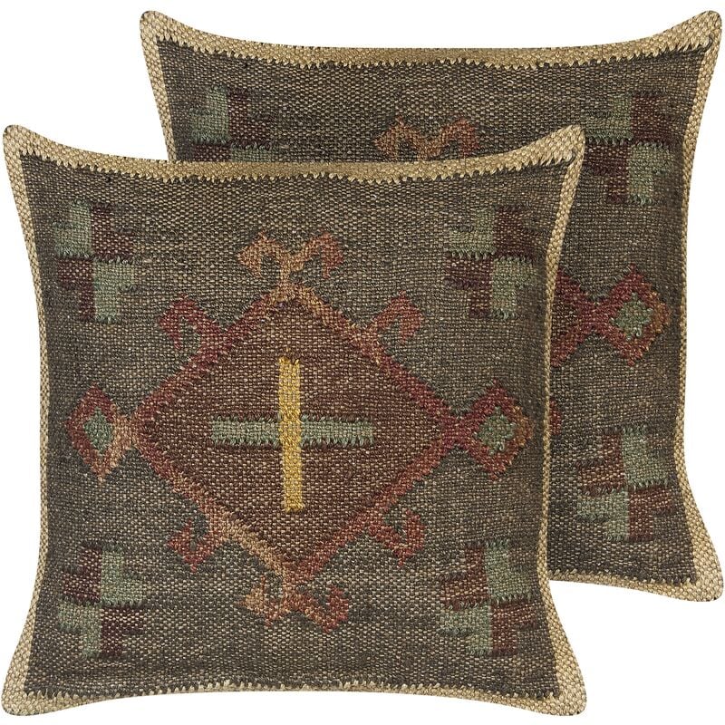 Kilim Style 2 Cushions Oriental Ethnic Pattern Jute Wool 45x45 Green Katora