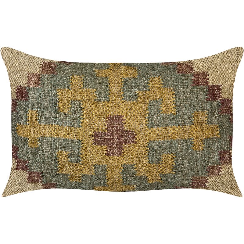 Kilim Style Cushion Oriental Ethnic Pattern Jute Wool 30 x 50 Multicolour Saron