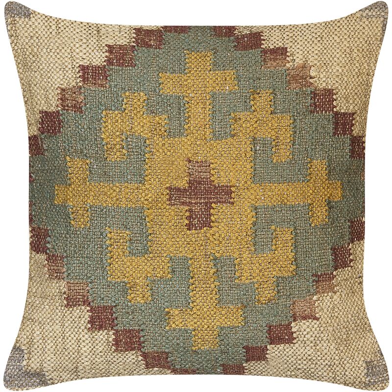 Kilim Style Cushion Oriental Ethnic Pattern Jute Wool 45 x 45 cm Multicolour Saron