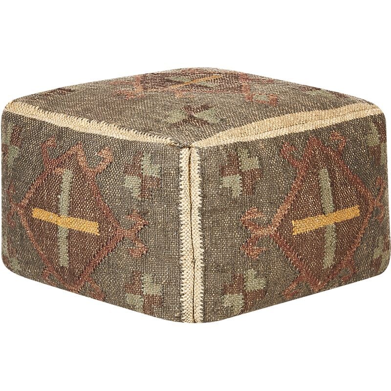 Kilim Style Pouffe Oriental Ethnic Pattern Jute Wool Cover 50x50 Green Katora