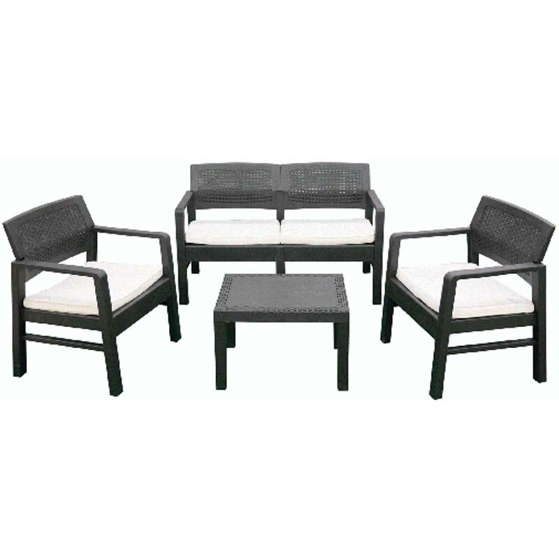 Frankystar - Kilimanjaro - Salon de jardin contemporain avec canapé + 2 fauteuils + table basse en polyrotin anthracite avec coussins
