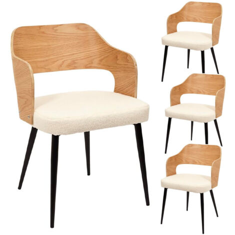 KILPA - Lot de 4 Fauteuils Bois et Métal Assise en Tissu Bouclettes
