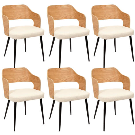 KILPA - Lot de 6 Fauteuils Bois et Métal Assise en Tissu Bouclettes
