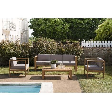 KIM - Salon de jardin bois teck avec canapé 3p. 2 fauteuils et 1 table basse