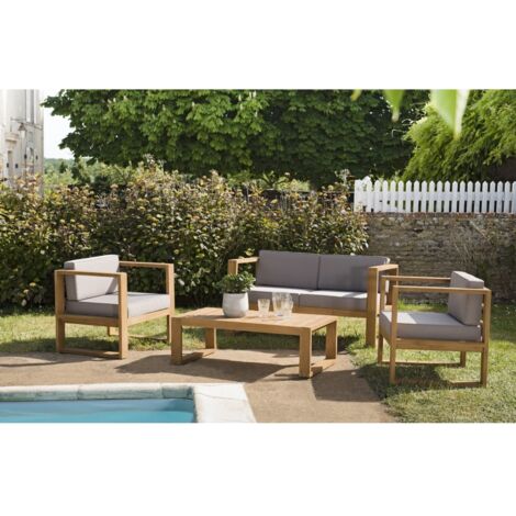 KIM - Salon de jardin bois teck canapé 2p. 2 fauteuils et table basse