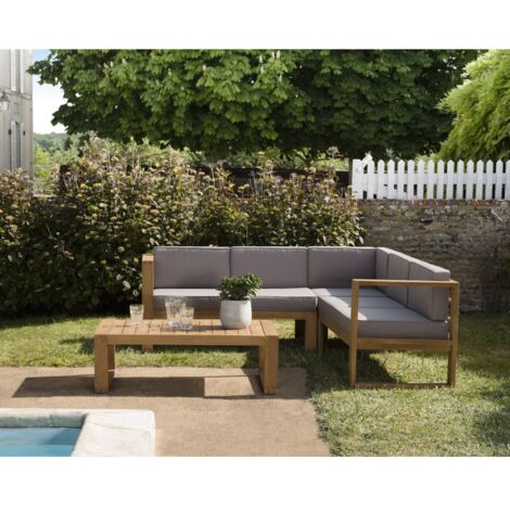 KIM - Salon de jardin bois teck canapé d'angle 5p. et table basse rect