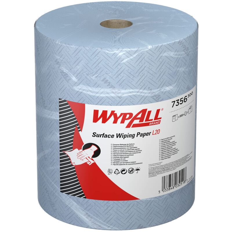 WypAll Panno per la pulizia delle fici WypAll L20 7356 - Rotolo azzurro largo - 1 Maxi rotolo x 1.000 panni in carta a 2 veli, azzurri