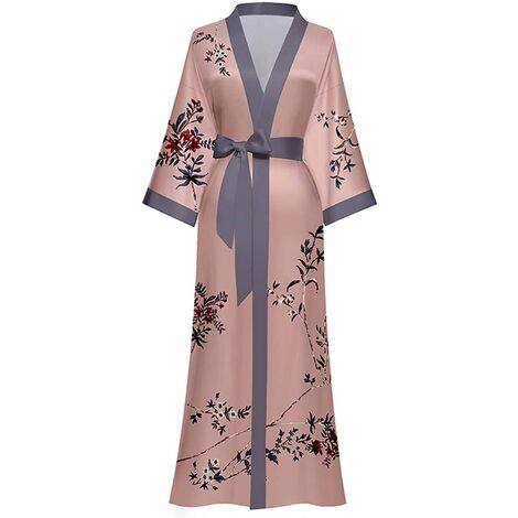 Kimono Long en Soie pour Femmes Peignoir Floral en Satin Soyeux Léger Doux et Confortable pour Dames Robe de Chambre Loungewear,Rose