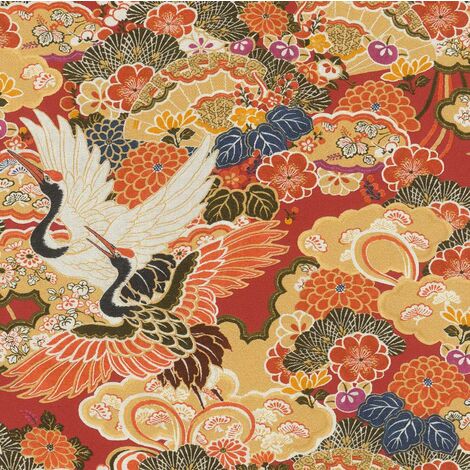 main image of "Kimono Wallpaper Oriental Rasch Japanese Red Yellow Textured Vinyl Floral Birds"