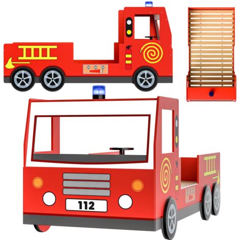 Kinder Bett Feuerwehr Optik Liegefläche 200x90 cm Holzbett inkl. Lattenrost Autobett 3D Räder Sirene Lenkrad