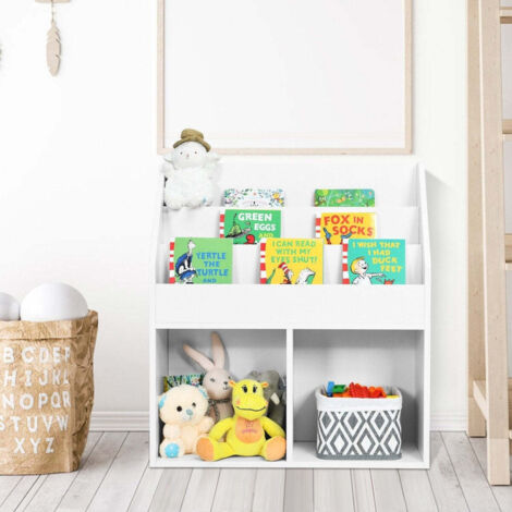 Kinder bucherregal aus holz mit 3 stufigem fach 2 ablagen spielzeugregal wei