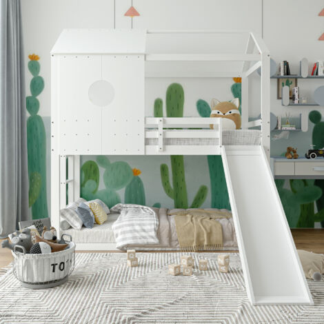 ROSAHQNDA Kinder-Etagenbett 90x200 cm, Kiefernholzhausbett für 2 Kinder, Etagenbett mit Rutsche und Treppe, Multifunktionsbett für Kinder, weiß