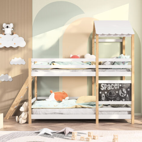 ROSAHQNDA Kinder-Etagenbett 90x200 cm, Kiefernholzhausbett für 2 Kinder, Etagenbett mit Treppe und Tafel, Multifunktionsbett für Kinder, weiß