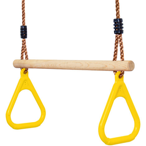 Kinder Holz Trapeze Schaukel mit Kunststoff Turnringe, Aufhängen belastbar bis 150KG, Schaukel Outdoor Kinder, Kinderholz Trapeze Schaukel für Garten Indoor Outdoor, Gelb