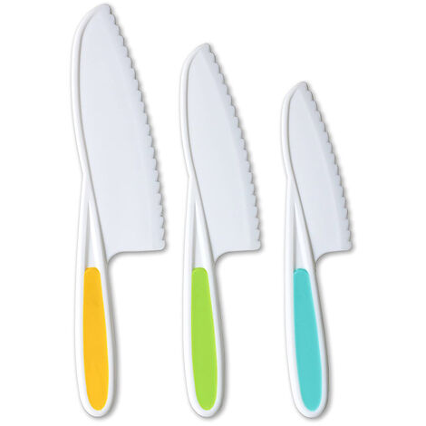 Kinder Kunststoff Küchenmesser Set, Küchenmesser für kinder 3-Teiliges Set Sicher Bunt- Kindermesser aus Holz, Schneidbrett, Obstmesser Gemüsemesser mit Gezackten Schneidekanten für Obst Brot Gemüse