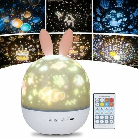 READCLY Kinder Nachtlicht Stern Projektor Lampe, 360° Drehung Musikalisches Nachtlicht + Timer + Fernbedienung + 6 Farben, LED Baby Sternenhimmel Nachtlicht für Geburtstag, Hase