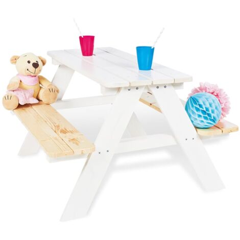Pinolino Picknicktisch Kinder Holz 2 Bänke Kindersitzgruppe Tisch Grau/Weiß