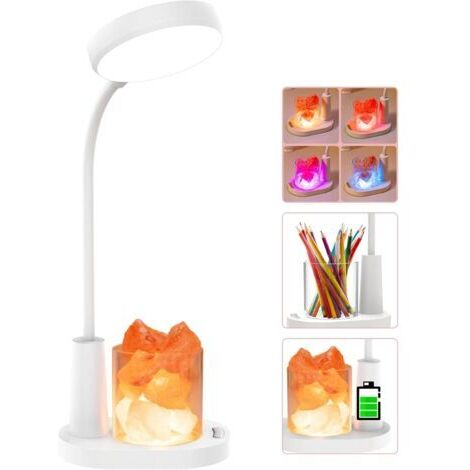 Kinder-Schreibtischlampe, Tischlampe mit Himalaya-Salz, automatische Farbwechsel-Nachttischlampe mit Stifthalter, dimmbare, wiederaufladbare Leselampe für Kinder – Weiß