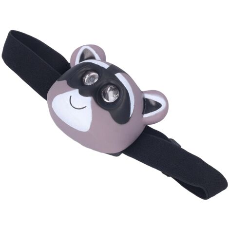 Kinder-Stirnlampe in Waschbärform, 2 Leuchtmodi, leicht und batteriebetrieben, ideal für nächtliche Aktivitäten kleiner Abenteurer.