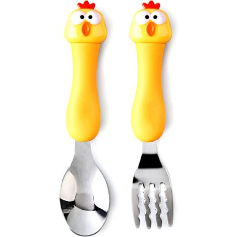 Kinderbesteckset, Gabel und Löffel aus Edelstahl, 1 Set, mit Tiermotiven und Schachtel (Huhn)
