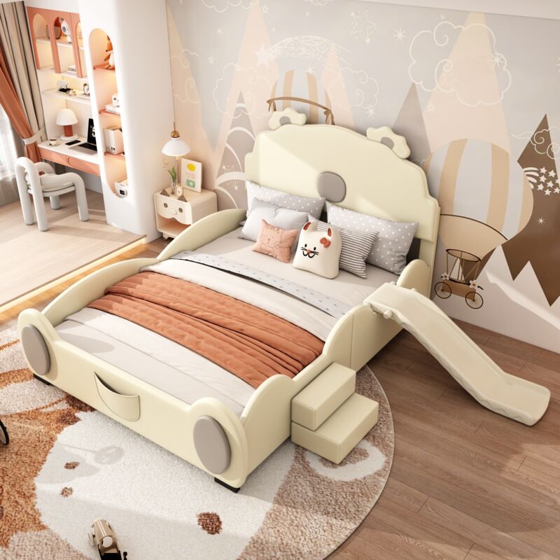 Modenvie Kinderbett 140×200 Cm, Doppelbett Mit Rutsche, Leiter Und Bärenform, Ohne Matratze, Aus Pu Und Mdf, Beige