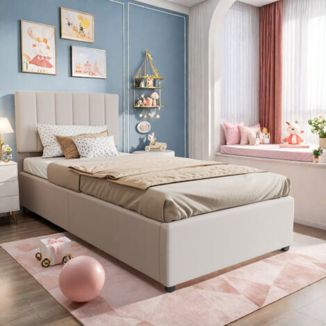 Kinderbett 90 x 200 cm, Einzelbett mit hydraulischem Stauraum, verstellbarem Kopfteil, MDF-Rahmen und Leinenbezug, Lattenrost, Beige