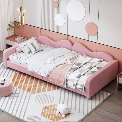 Kinderbett 90×200 cm, Einzelbett mit Armlehnen, Rückenlehne und Kopfteil, ohne Matratze, aus Teddy Stoff, Rosa