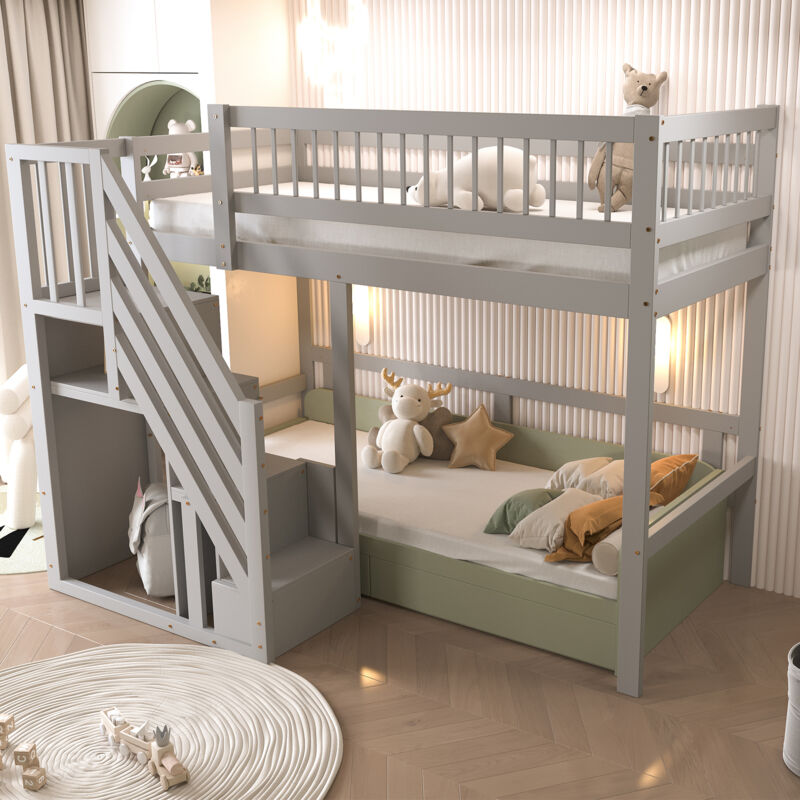 Modenvie Kinderbett 90×200 Cm, Einzelbett Mit Aufbewahrungstreppe, Hohem Rausfallschutz Und Schrankstufen, Ohne Matratze, Aus Holz, Grau