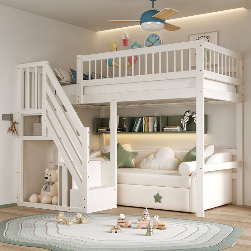 Modenvie Kinderbett 90×200 Cm, Einzelbett Mit Aufbewahrungstreppe Und Hohem Rausfallschutz, Ohne Matratze, Aus Holz, Weiß