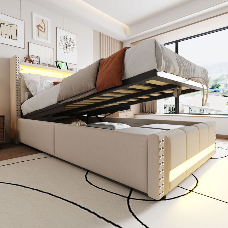 Modenvie Kinderbett 90×200 Cm, Einzelbett Mit Bettkasten, Usb, Verstellbare Led Und Regale, Ohne Matratze, Aus Stoff Beige
