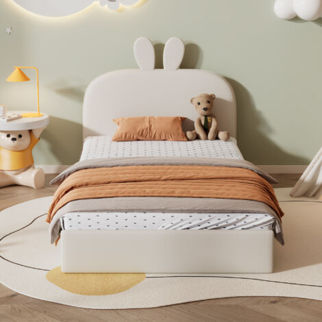 Kinderbett 90×200 cm, Einzelbett mit Hasen Kopfteil, Holzlatten und Polsterung, ohne Matratze, Beige
