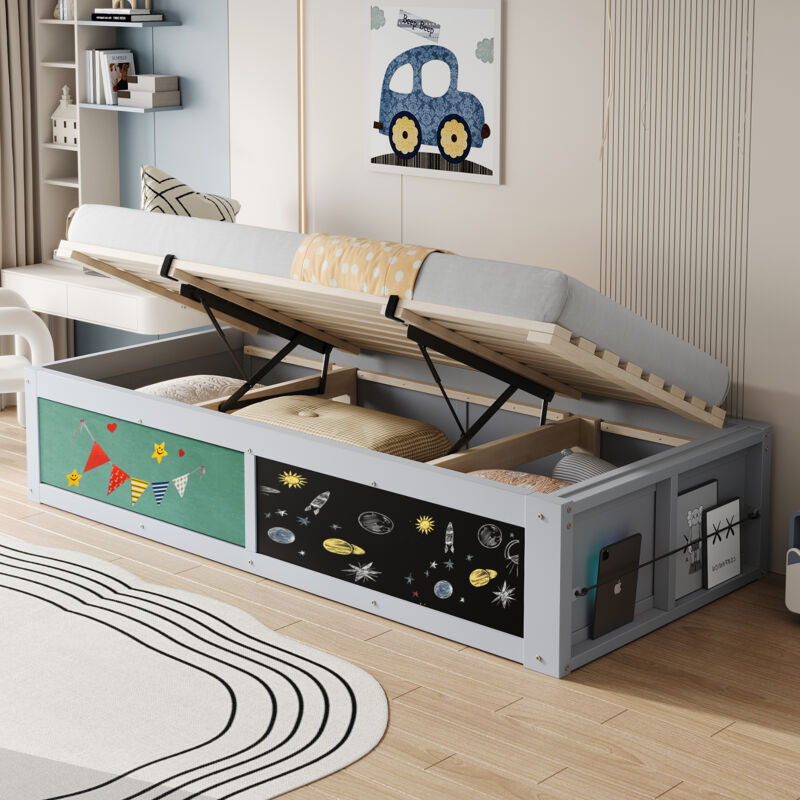 Modenvie Kinderbett 90×200 Cm, Einzelbett Mit Hydraulik-bettkasten, Tafel, Filzpanel Und Bücherregal, Ohne Matratze, Grau