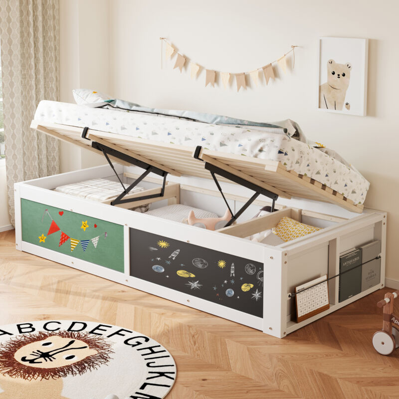 Modenvie Kinderbett 90×200 Cm, Einzelbett Mit Hydraulischem Bettkasten, Tafel, Filzplatte Und Bücherregal, Ohne Matratze, Weiß
