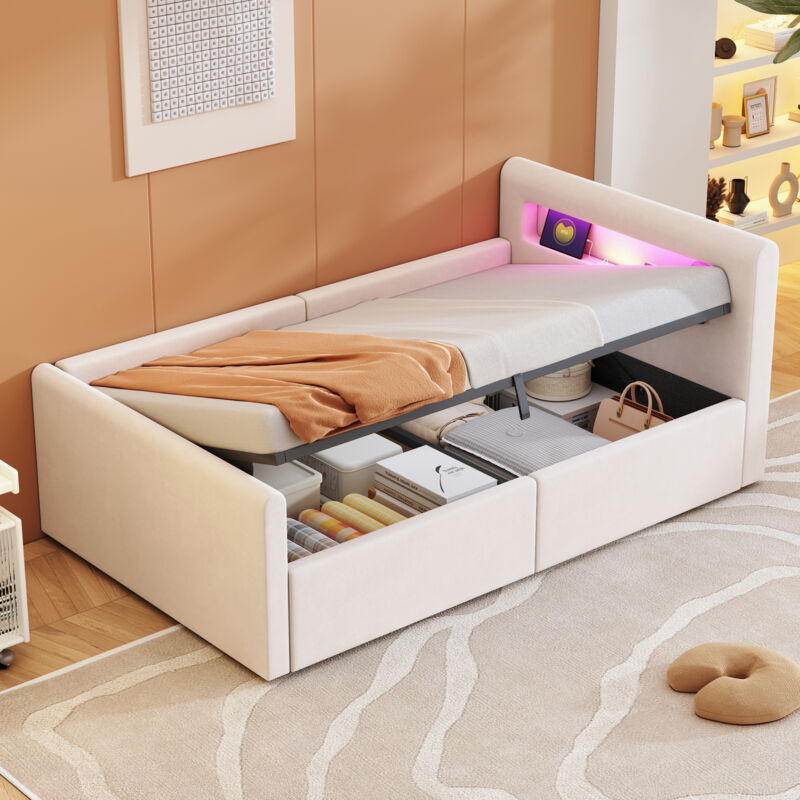 Modenvie Kinderbett 90×200 Cm, Einzelbett Mit Led, Nachtlicht, Usb, Regal Und Hydraulikbettkasten, Ohne Matratze, Stoff Beige