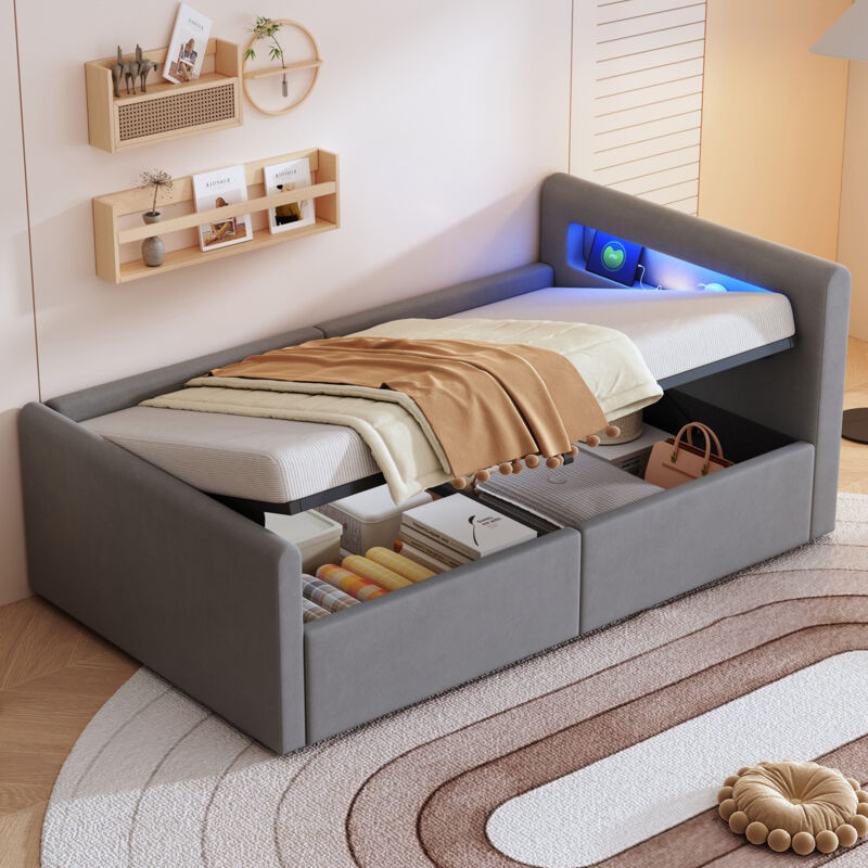 Modenvie Kinderbett 90×200 Cm, Einzelbett Mit Led, Nachtlicht, Usb, Regal Und Hydraulischem Bettkasten, Ohne Matratze, Grau
