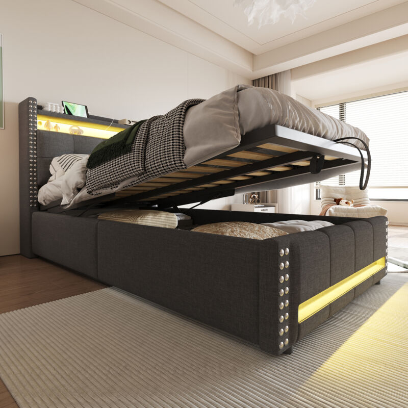 Modenvie Kinderbett 90×200 Cm, Einzelbett Mit Led Verstellbar, Usb, Type-c Und Stauraum, Ohne Matratze, Aus Stoff Grau