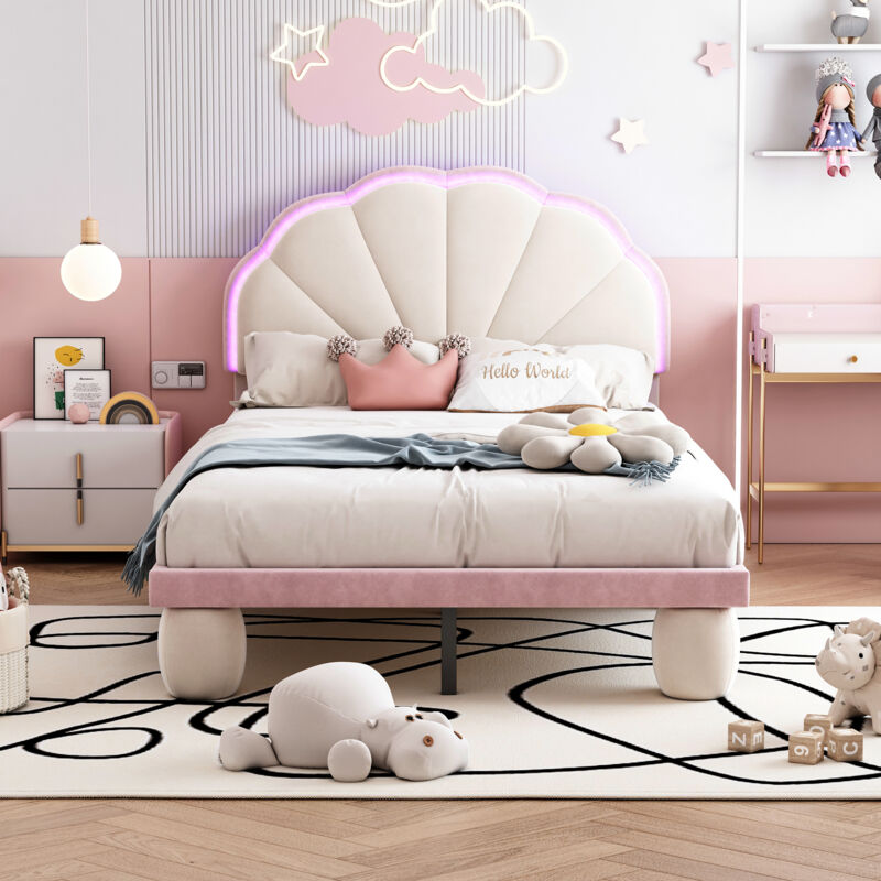 Modenvie Kinderbett 90×200 Cm, Einzelbett Mit Mehrfarbiger Led, Gewelltem Kopfteil Und Gepolsterten Füßen, Ohne Matratze, Aus Samt, Beige Und Rosa
