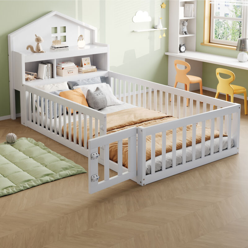 Modenvie Kinderbett 90×200 Cm, Einzelbett Mit Rausfallschutz, Tür, Regalen Und Tafel, Ohne Matratze, Aus Massivholz, Weiß