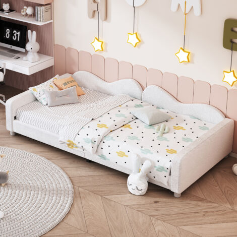 Kinderbett 90×200 cm, Einzelbett mit Rückenlehne, Armlehnen, Kopf- und Fußteil, ohne Matratze, Weiß